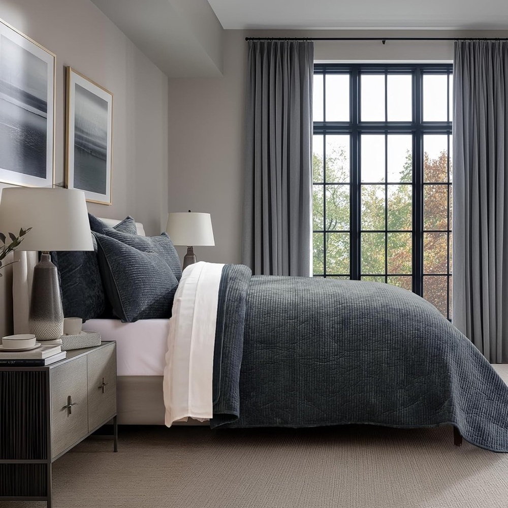 🆕 PB Style Blue Velvet Quilt Set 3 Piece King Stormy Luxe Soft Coverlet NEW NIP
